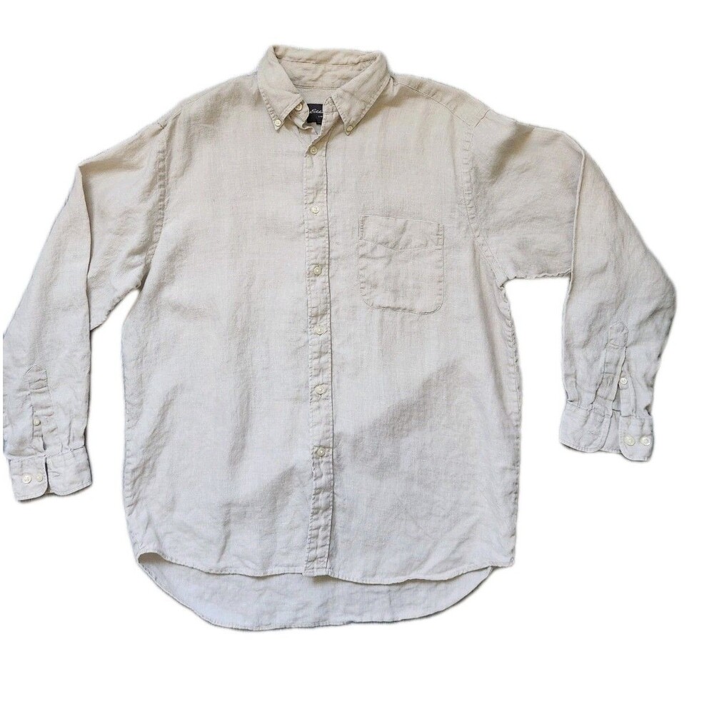 Eddie Bauer 100% Linen Button Down Shirt Womens M Beige Long Sleeve Collared EUC